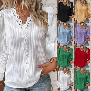 Lace Stitching V-Neck Chiffon Blouse