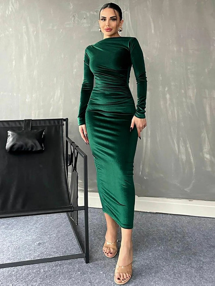 Velvet Ruched Midi Dress