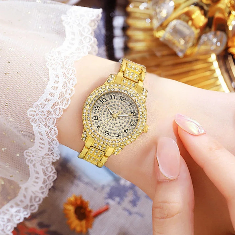 Luxury Gold Quartz Diamond Watch & Bracelet Set