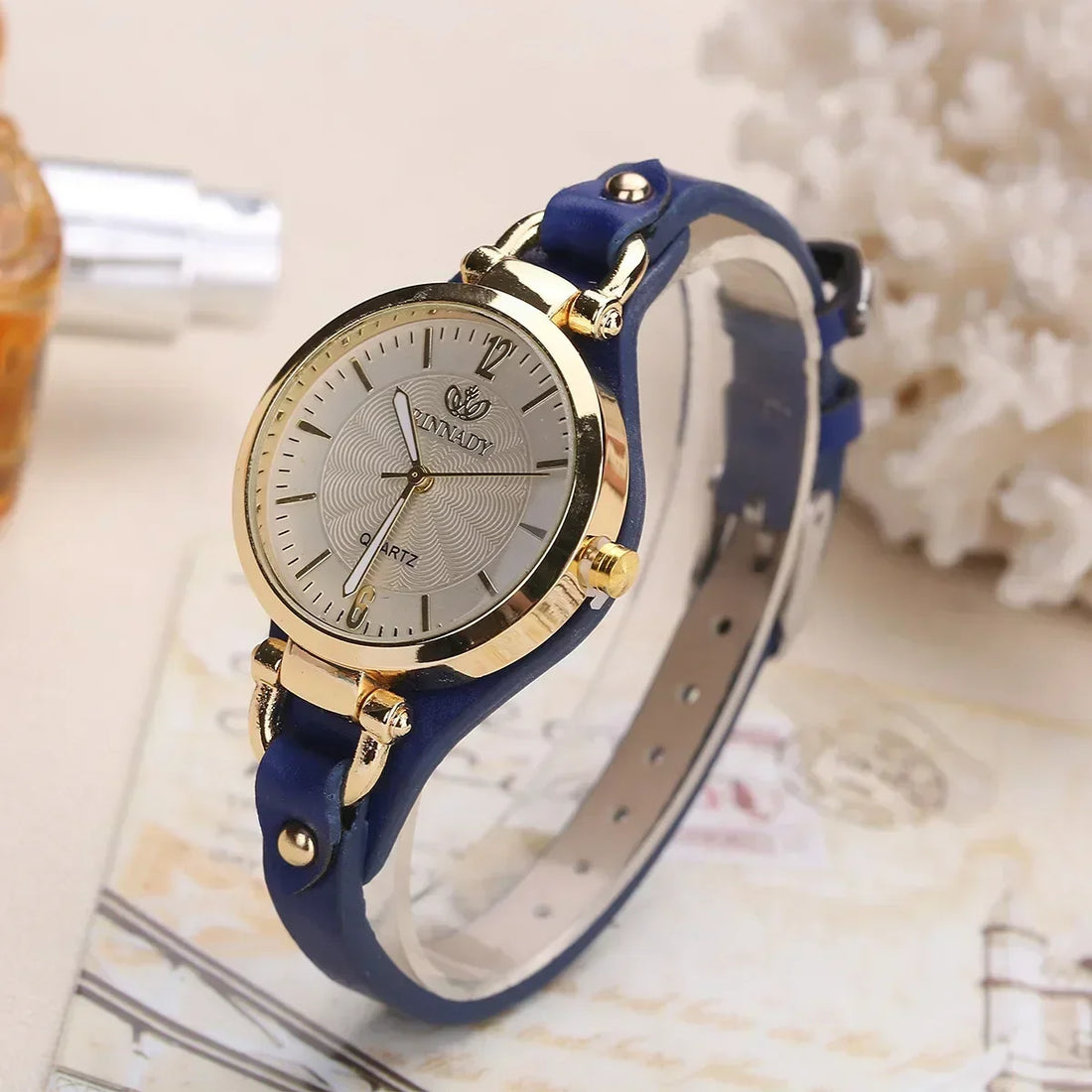 Women's Quartz Watch with Thin PU Leather Strap