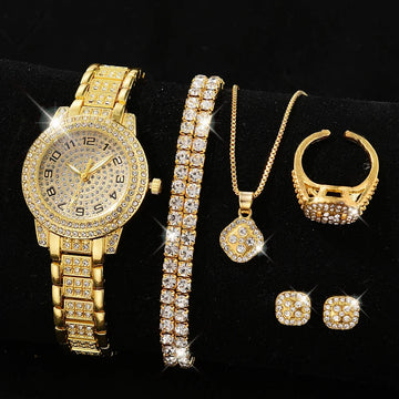 Luxury Gold Quartz Diamond Watch & Bracelet Set