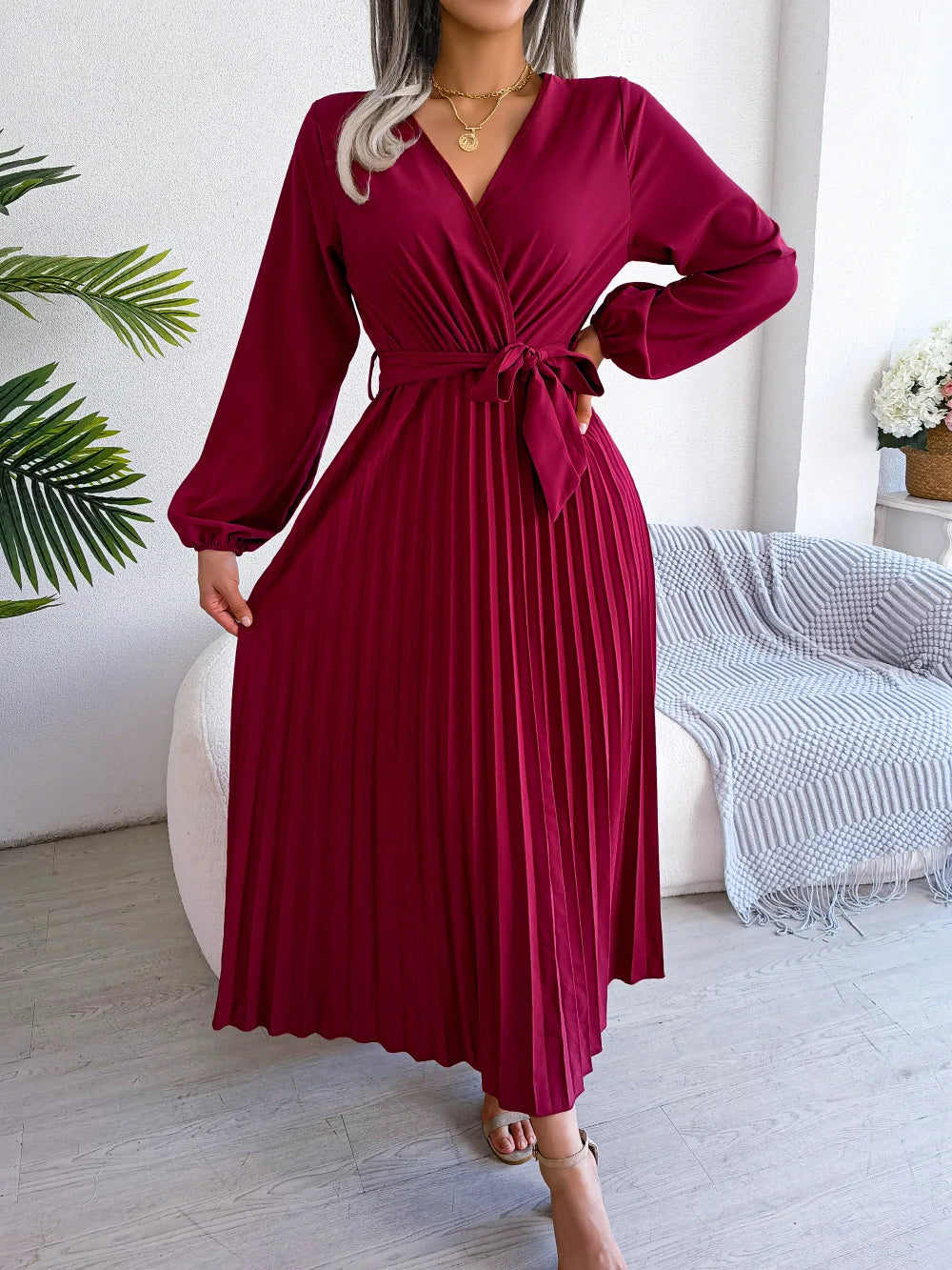 Elegant V-Neck Pleated Maxi Dress